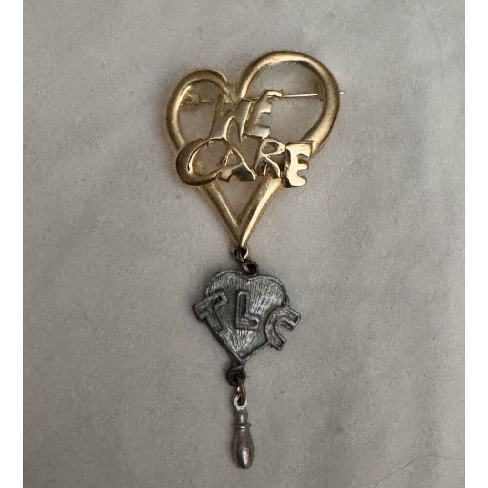 Vintage We Care TLC UltraCraft Brass Heart  Brooch Nurse Doctor Vet Teacher